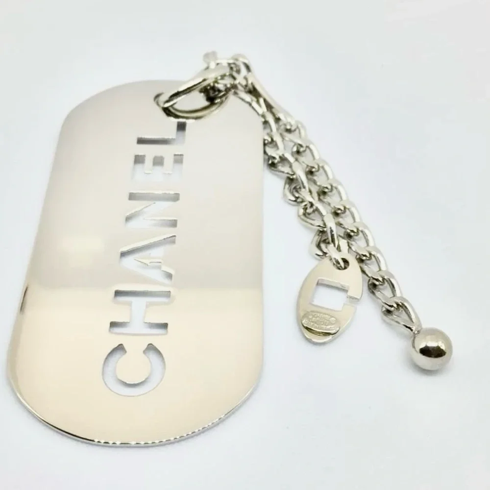 CHANEL Silver Engraved Dog Tag Bag Charm/Key Chain/Necklace